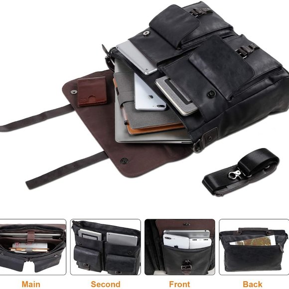 Leather Messenger Bag for Men, 15.6 Inch Vintage Laptop Bag Briefcase Satchel - Picture 2 of 5